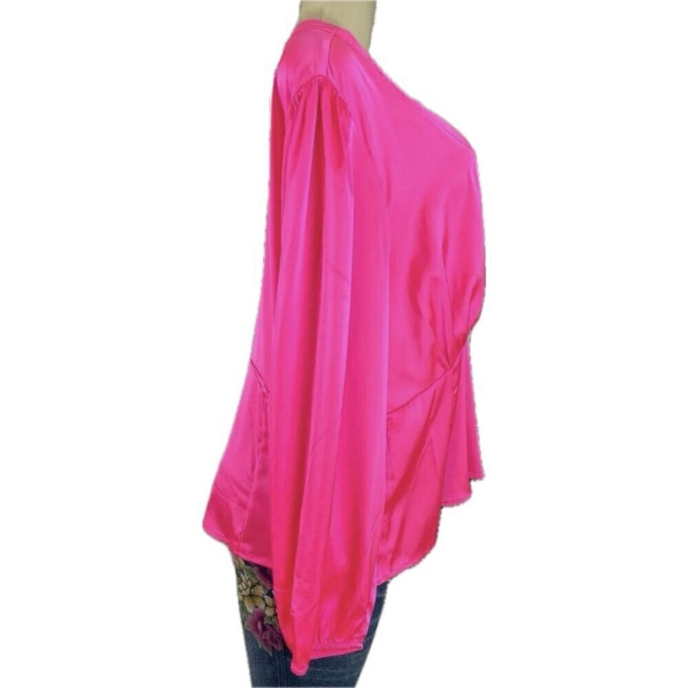 Torrid +5 Hot Pink Satin V-Neckline Button Down Fitted Waist Long Sleeve Blouse - Picture 3 of 6